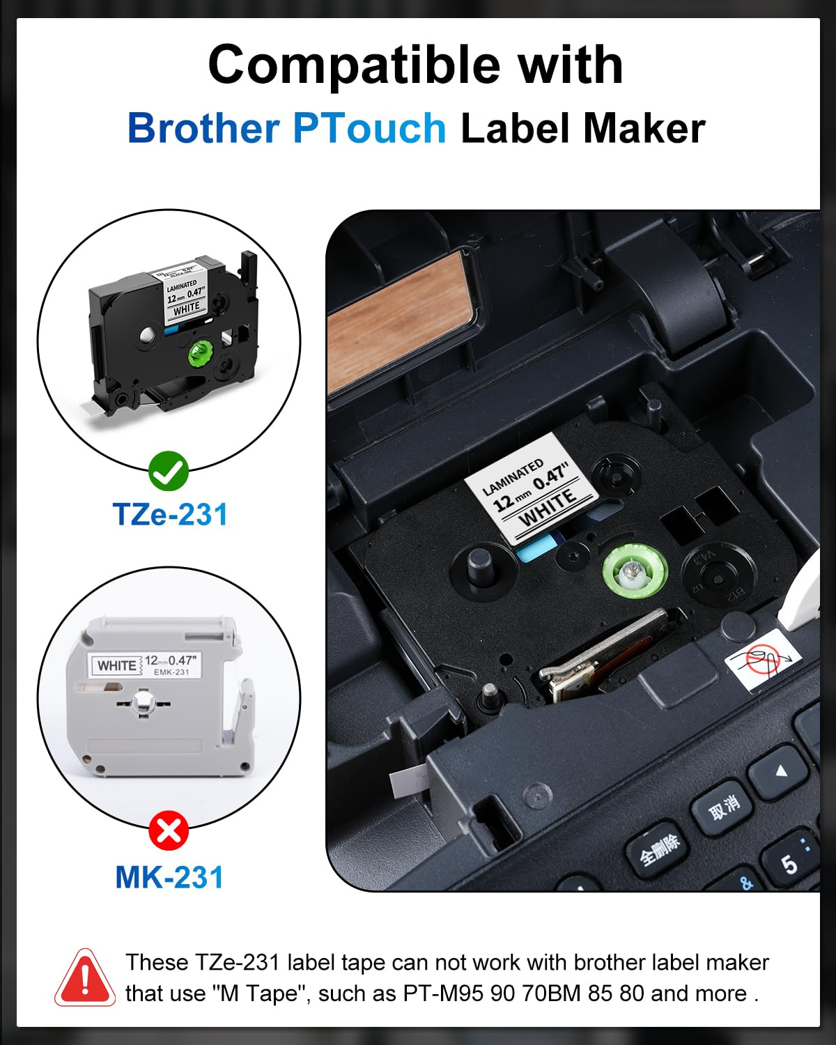 Rubans Étiquettes Brother TZE231 Compatibles - Noir Sur Blanc 12mm - Lot De 6 - Pour Imprimantes P-Touch