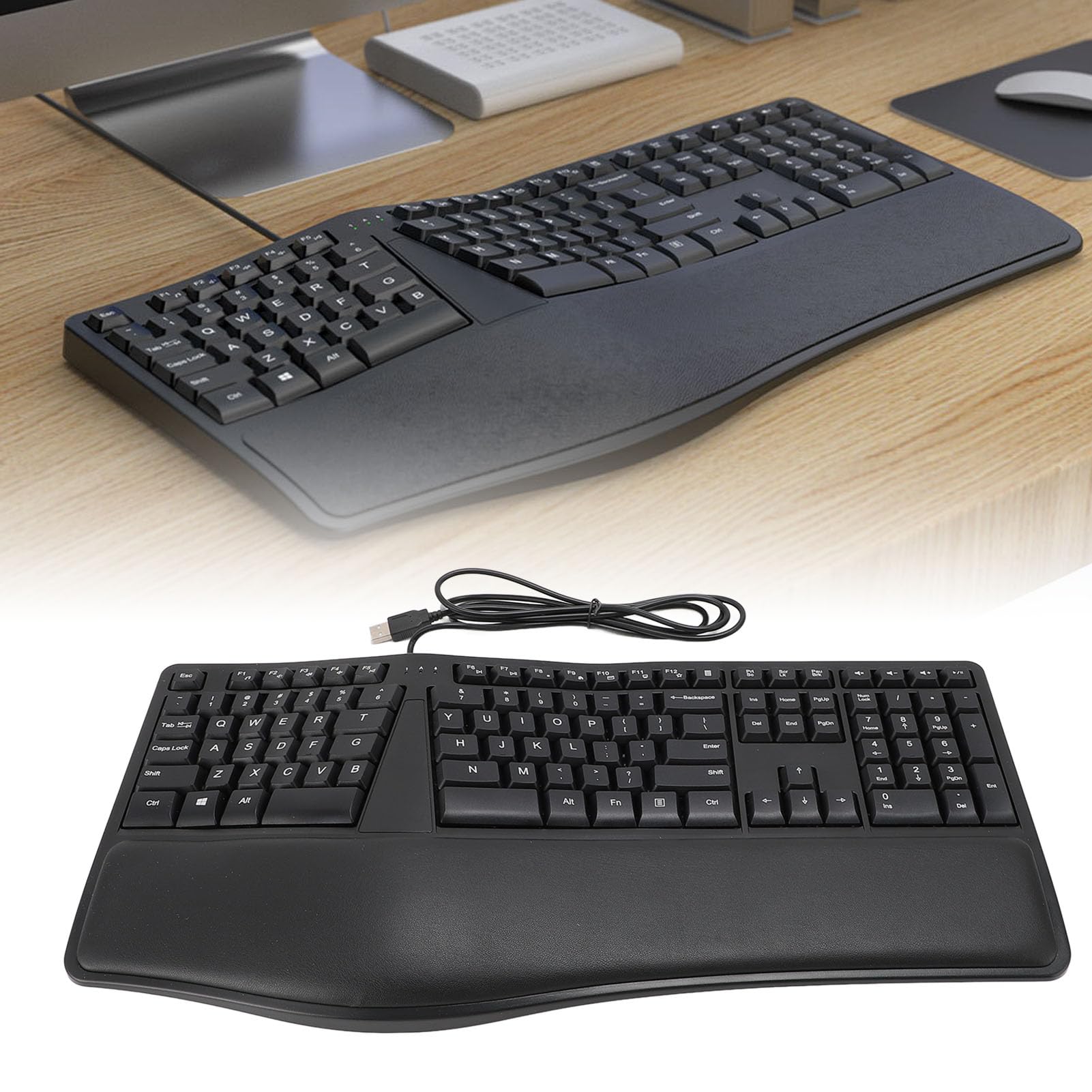 Naroote Tastiera Ergonomica Cablata USB 2.0, 110 Tasti, Poggiapolsi, Silenziosa, Comoda per Laptop