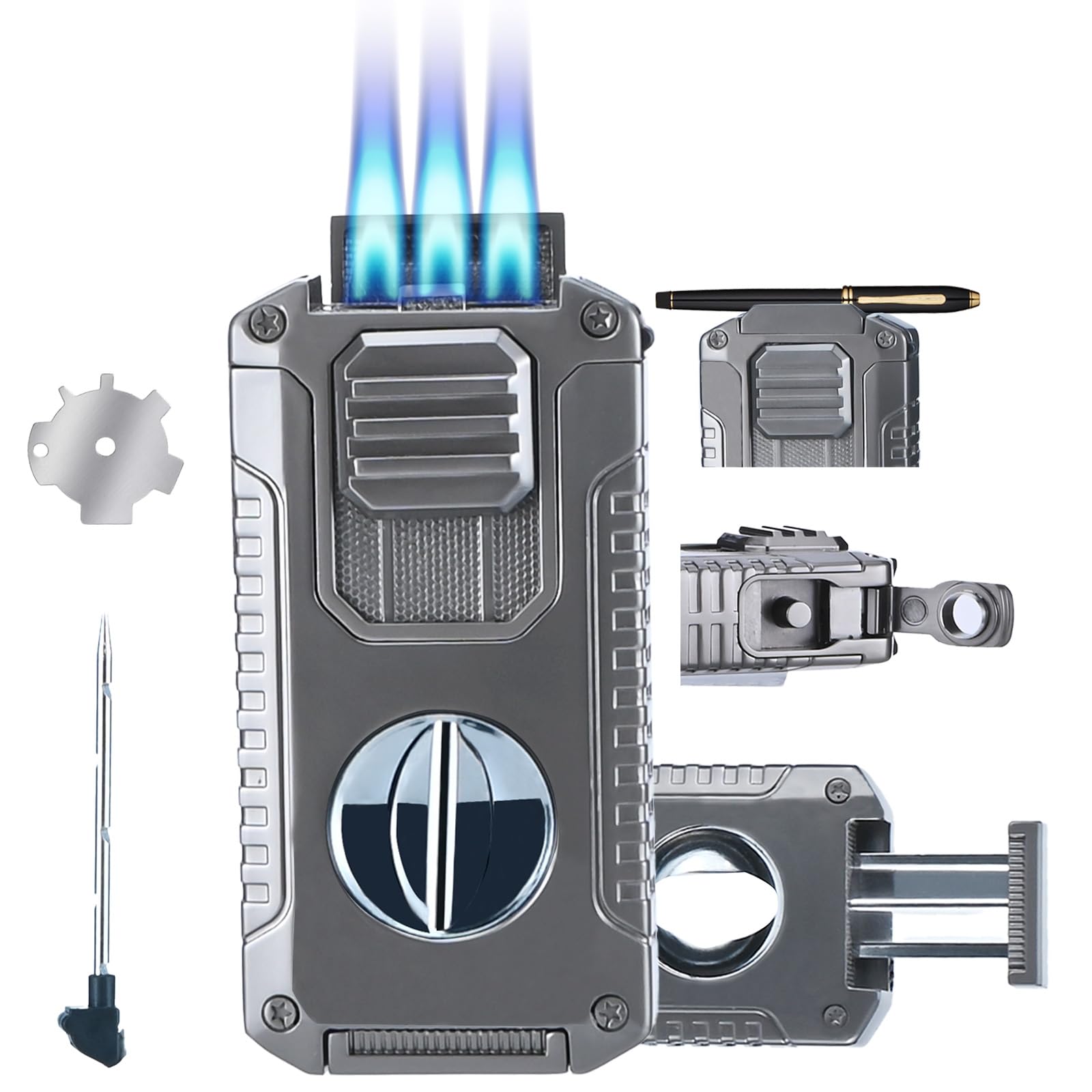 Refillable Butane Torch Lighter with Built-in Holder and 3 Jet Flame - All-in-1 Tool for Men Butane not