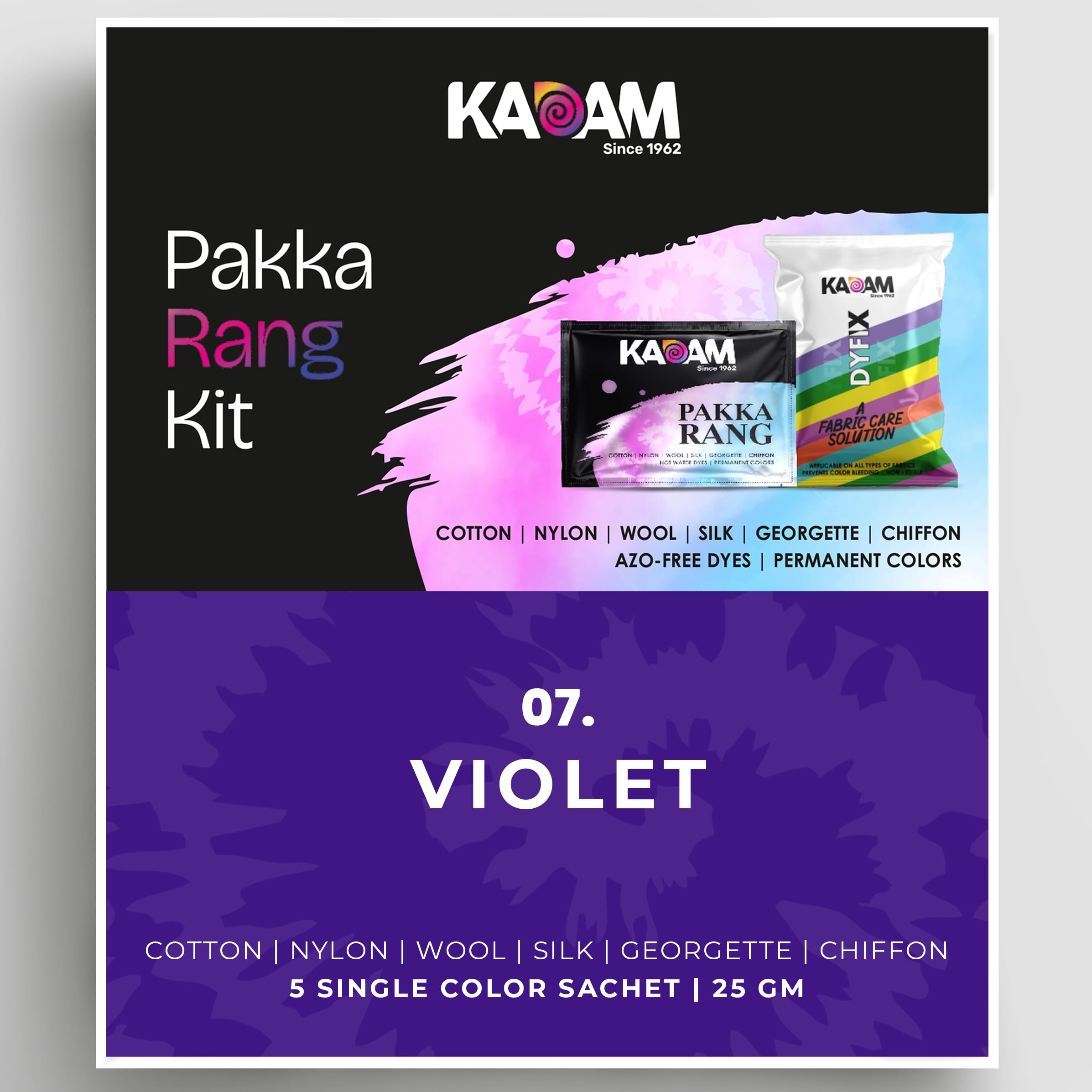 Kadam Pakka Rang Fabric Dye Colour | 25g Pack | Includes DyFix Color Fixer | Permanent Fabric Dyes for Old Faded Jeans and Clothes (Violet)
