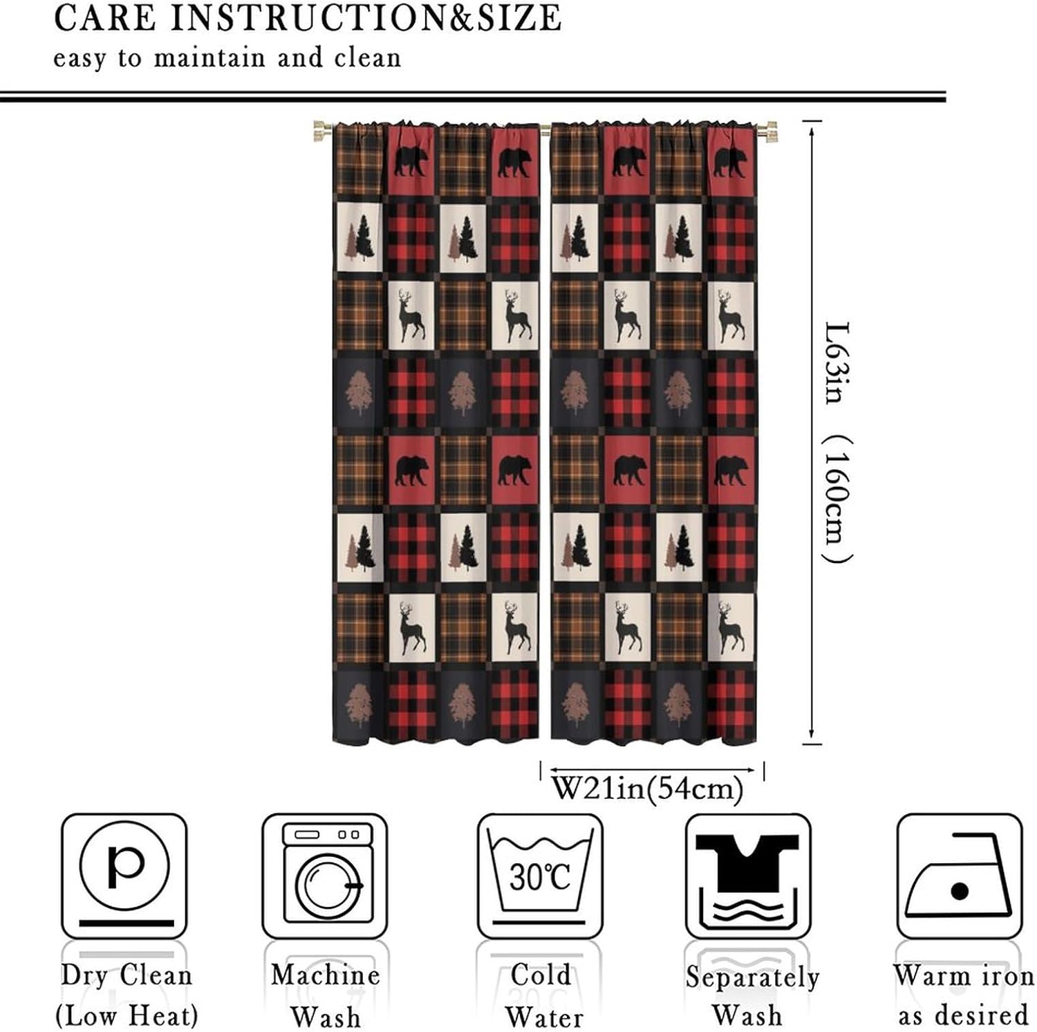 Cabin Retro Curtains Rustic Lodge Window Treatments, Bear Deer Moose Wild Animals Curtains for Living Room, Plaid Check Adventure Farmhouse Drapes 2 Panel Sets,42x63 Inch