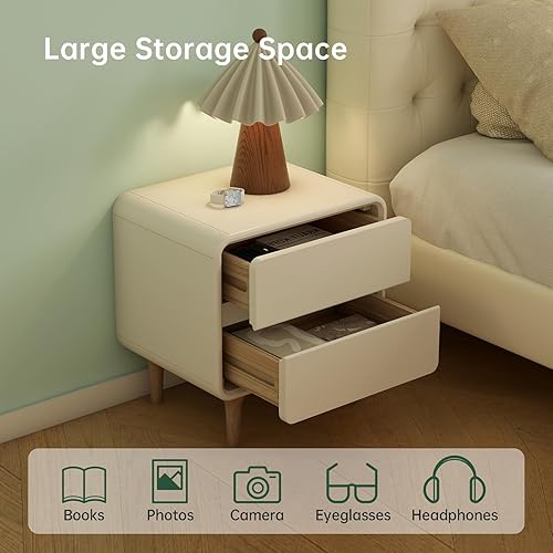 Miniatura 3 de Mesita de noche de madera maciza blanca con 2 cajones, mesita de noche moderna de mediados de siglo, mesita de noche pequeña, mesitas de noche de