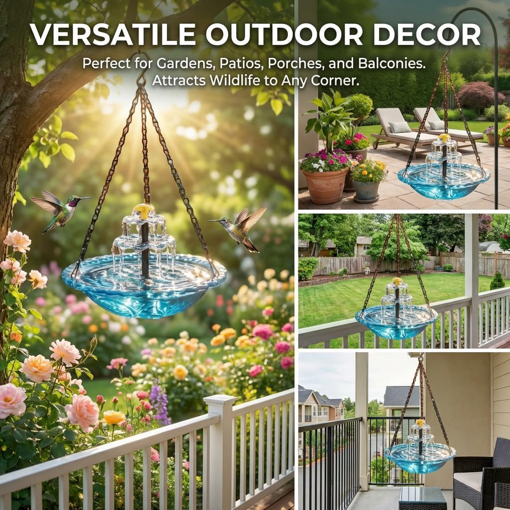 Solar Cascade Hanging Bird Bath Fountain, Hanging Solar Bird Bath, Hanging Bird Bath Fountain for Garden Outdoor, Decorative Outdoor Bird Feeder Water Bowl for Patio Yard Balcony Tree Decor (Blue)