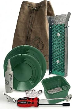 Compact Gold Prospecting Kit with 12" Pocket Sluice Box Includes Miners Moss, Gold Trap Mat, Classifier Pan, Vials, and Tote Backpack