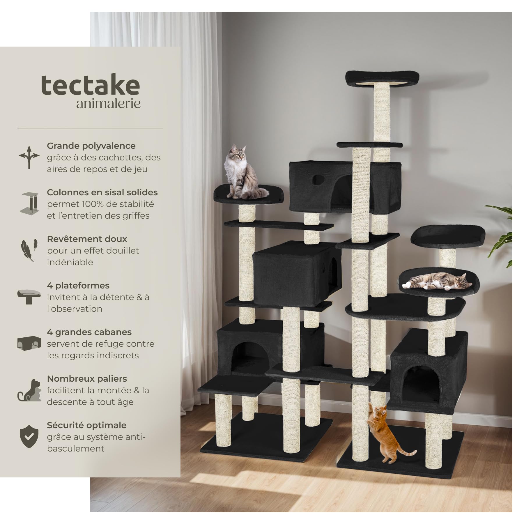 tectake® Arbre à Chat XXL Griffoir 214 cm, 4X Maison pour Chats 4X Lit pour Chat Jeux Appartement Accessoire Chats avec Couchage Grattoir Chat Etagere