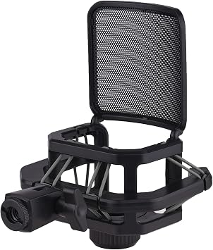 Plastic Microphone Shock Mount Anti vibration Mic Holder Stand with Metal Pop Filter Universal Screw Adapter for Diameter 23.5mm to 24.5mm Black