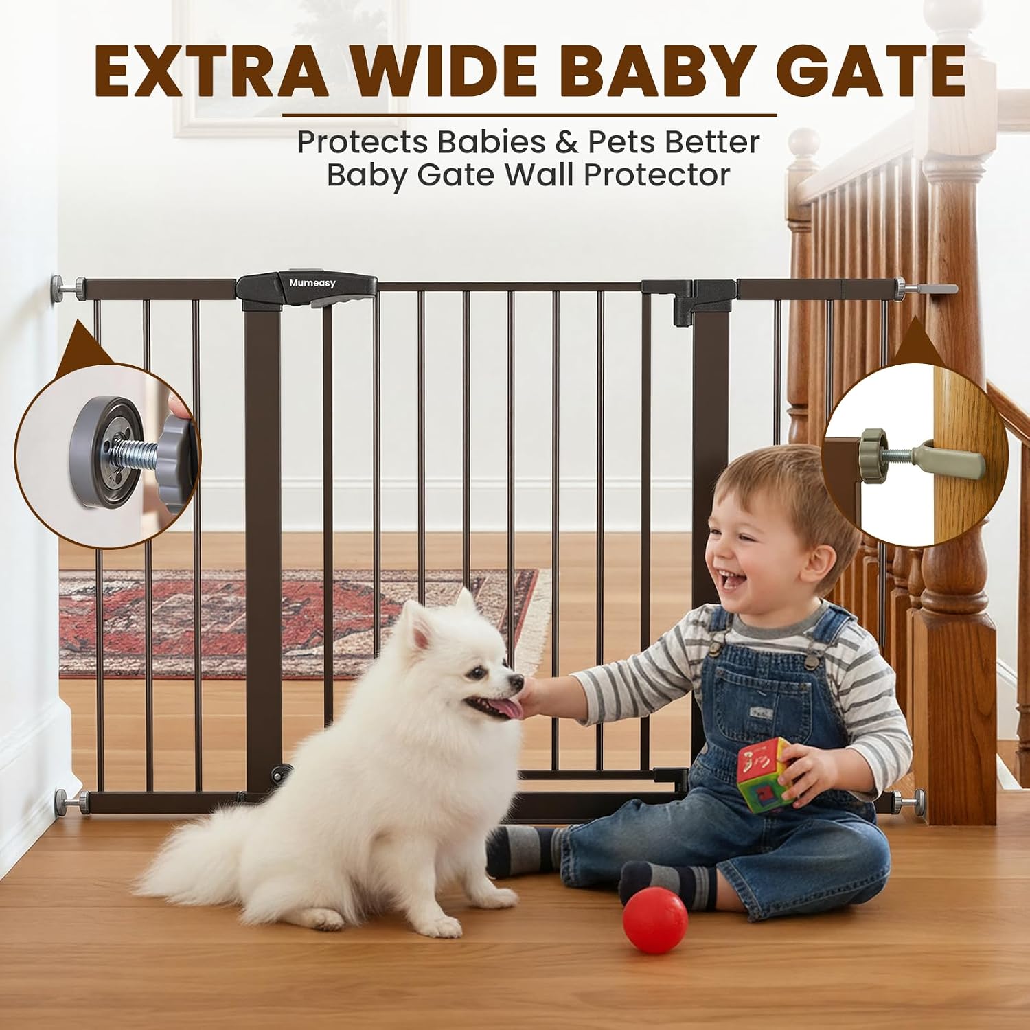 Mumeasy 29.7–48" Baby Gate for Stairs, Dog Gate for Doorways, Auto Close Child Gate, Indoor Safety Pet Gate with Walk Thru Door, Easy Install Pressure Mounted Extra Wide Gate for Kitchen, House, Brown