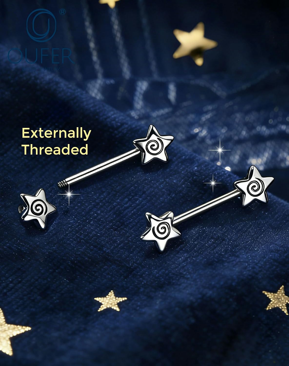 OUFER 14G Star Spiral Nipple Piercing Jewelry 316L Surgical Stainless Steel Straight Barbell 14mm Bar Length Nipple Rings for Women Men