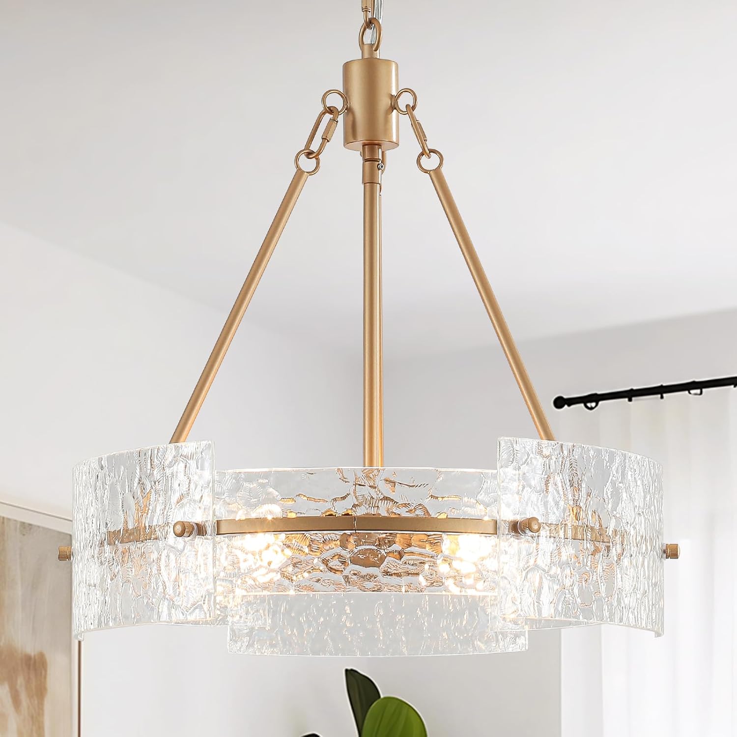 Glass Gold Chandelier Drum Modern Chandeliers for Dining Room Chandelier Over Table 4 Lights Farmhouse Light Fixtures Hanging Round Pendant Lighting for Kitchen Island Living Room Foyer Entryway