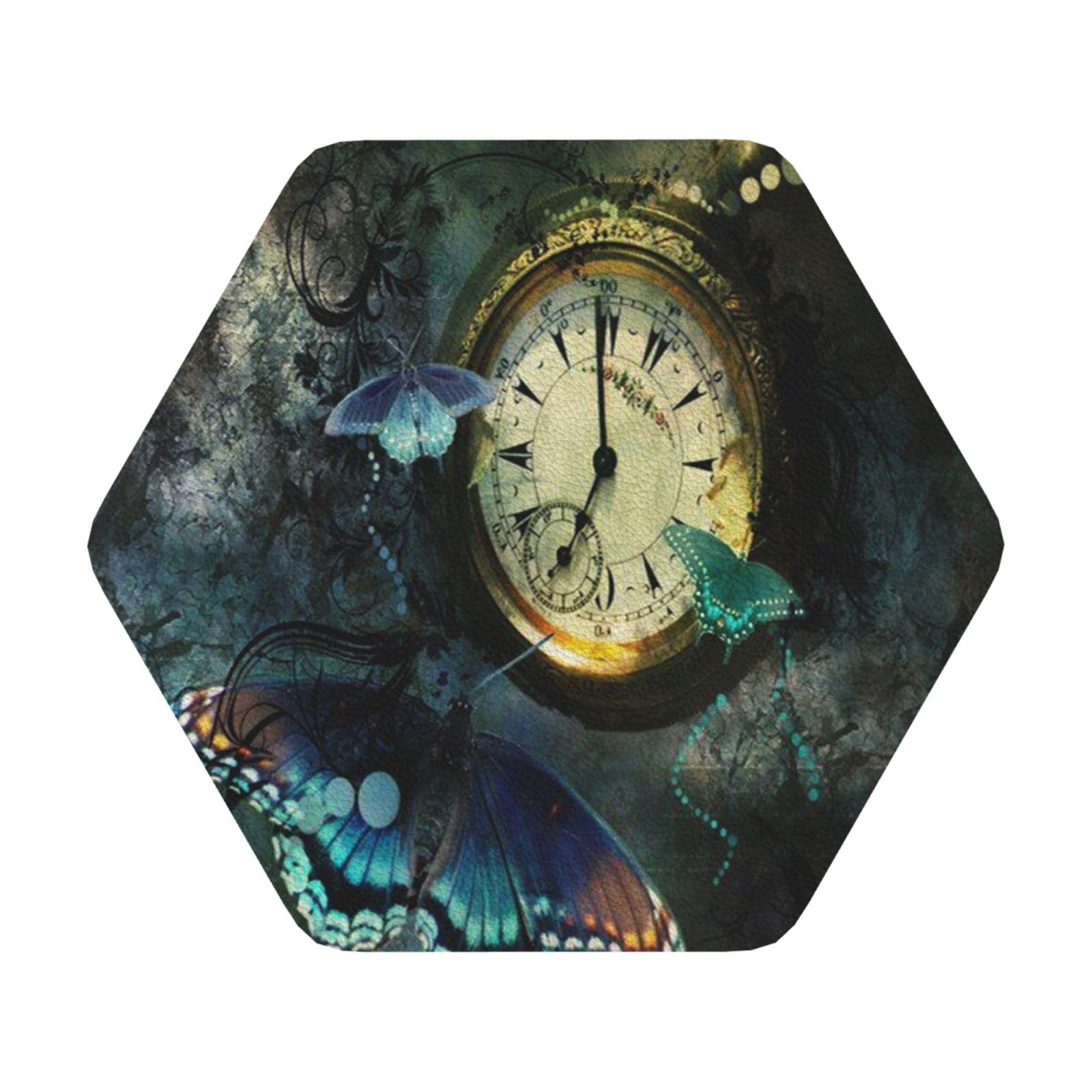 Clock Butterfly PU Leather Coasters Set of 6 Hexagon Drink Coasters