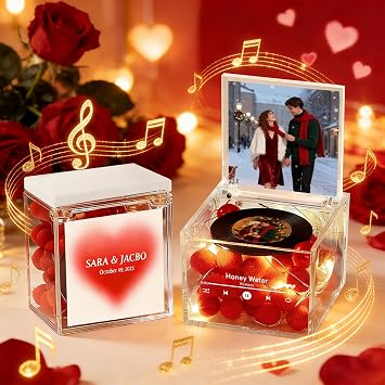 Custom Acrylic Music Box with Light Personalized Mini Photo & Song Vinyl Record Player, Romantic Valentines Day Gift for Couples, Him or Her, Anniversary Birthday Gifts for Women Wife Girlfriend
