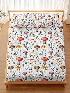 King Fitted Bed Sheet Deep Pocket, Rural Garden Mushroom Plants Bedding Sheet Soft Brushed Microfiber Fitted Sheets, Retro Botanical Leaves Hotel Luxury Fitted Bottom Sheet with Pillowcase Set