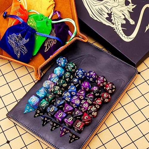 Vista 19 de DND - Juego de 42 dados poliédricos de Calabozos y Dragones para juegos de mesa D&D RPG MTG, dados a granel con coloridas bolsas de cordón y bandeja