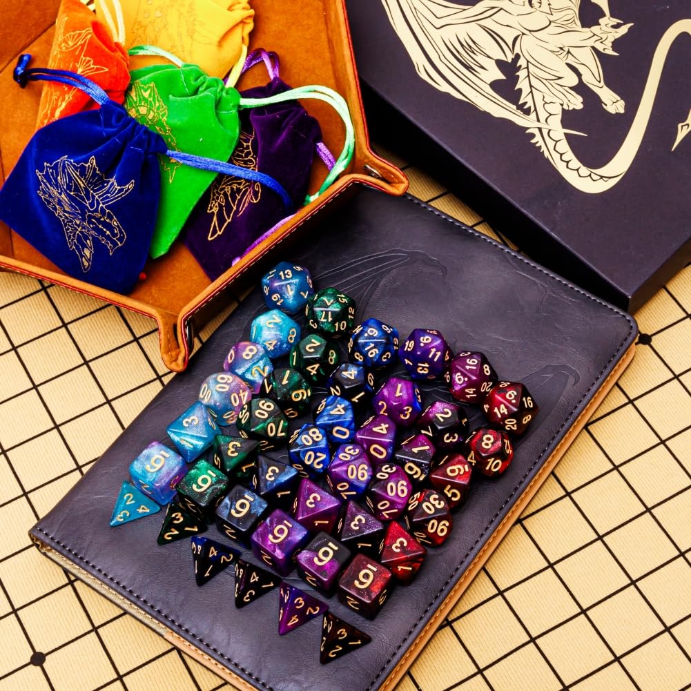 DND - Set di 42 dadi poliedrici per giochi di ruolo da tavolo di D&D e MTG, con sacchetti colorati con coulisse e vassoio per dadi (vassoio a stella)