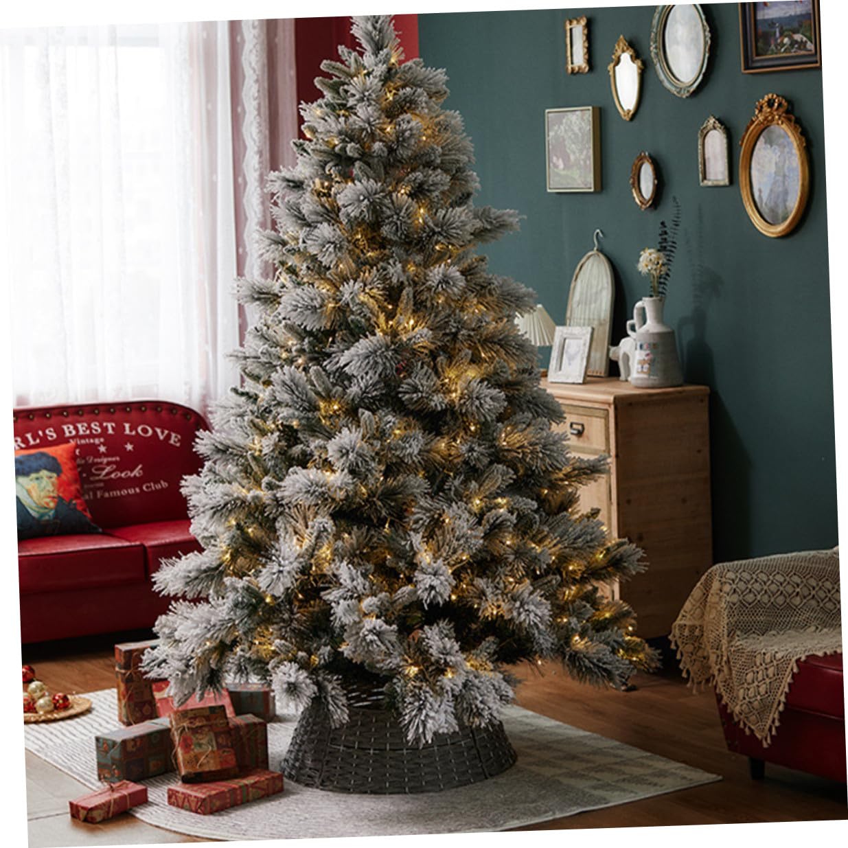 OSALADI Gonna Intrecciata in Rattan per Albero di Natale, Copri Base Grigio Piccolo Supporto per Alberi Artificiali, Adatta per Decorazioni Natalizie e Ambienti Festivi