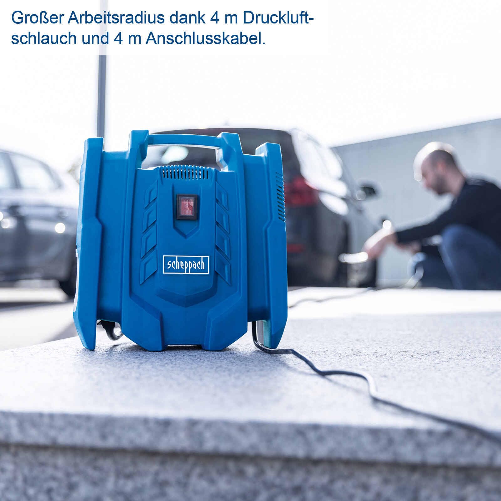 Scheppach mobiler Kompressor Airforce 7 Druckluftkompressor | 230V 1100W | 8bar Druck | 180 L/min | ölfrei & mobil | 8m Arbeitsradius | mit 4m Schlauch, 4m Kabel, Reifenfüller, Luftpistole & 3xAdapter