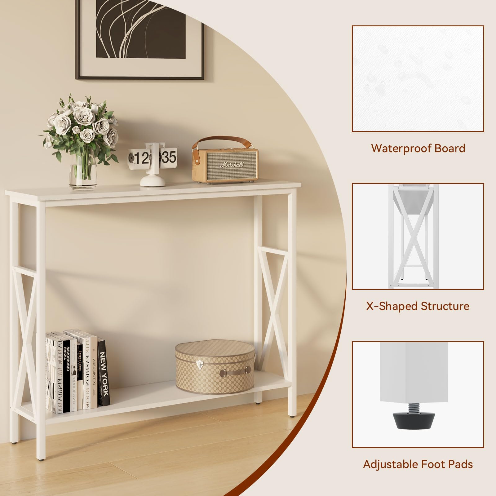 YMYNY Tavolo Consolle, Consolle Ingresso, Struttura Stabile in Acciaio, La piastra può essere regolata verso l'alto e verso il basso, per Soggiorno, Corridoio, 101×25×80.5CM Bianco HST007W