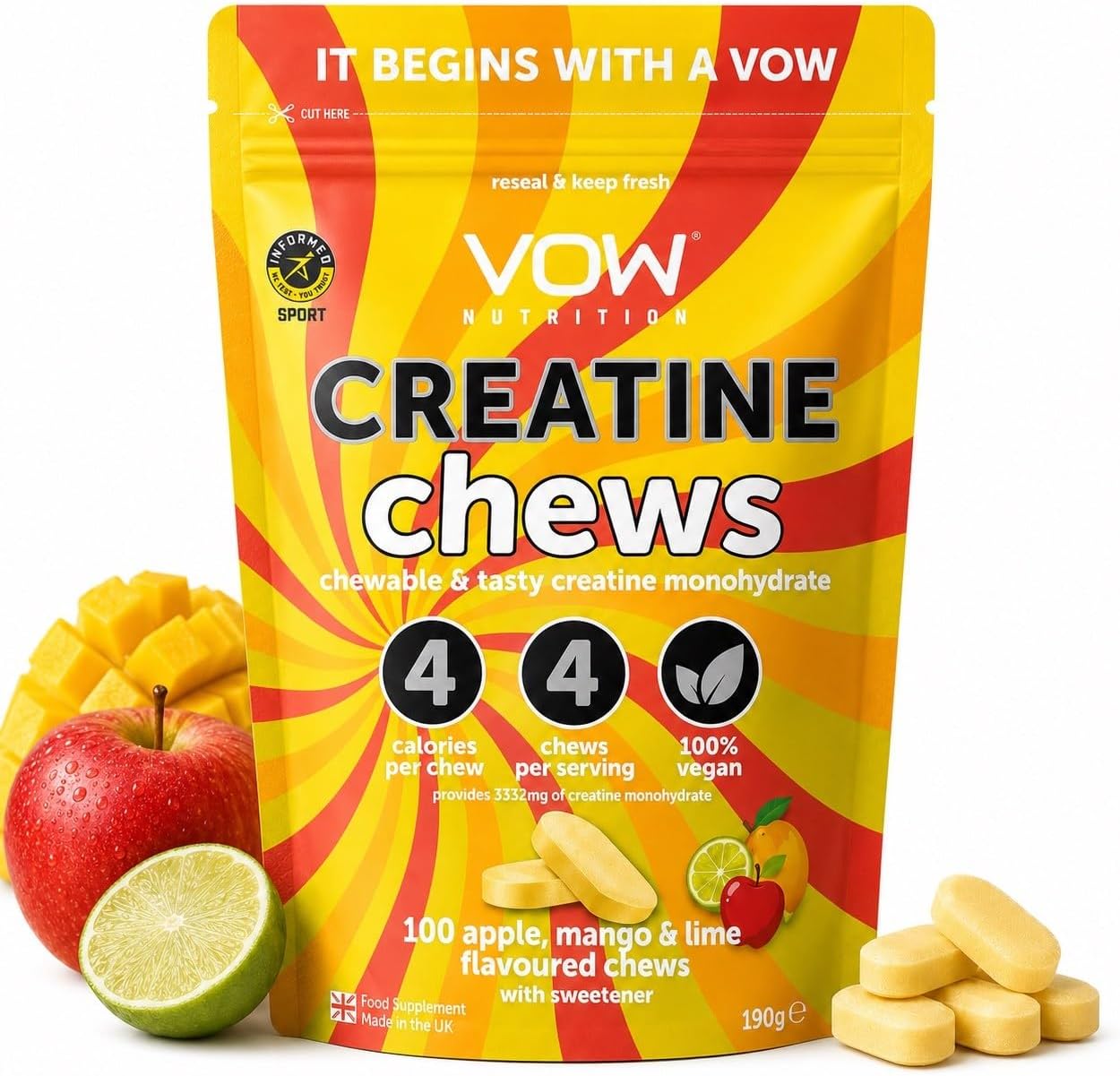 VOW Nutrition Creatine Monohydrate Chews,100 Apple, Mango & Lime Flavoured Chews, Convinient & Tasty, Informed Sports Approved