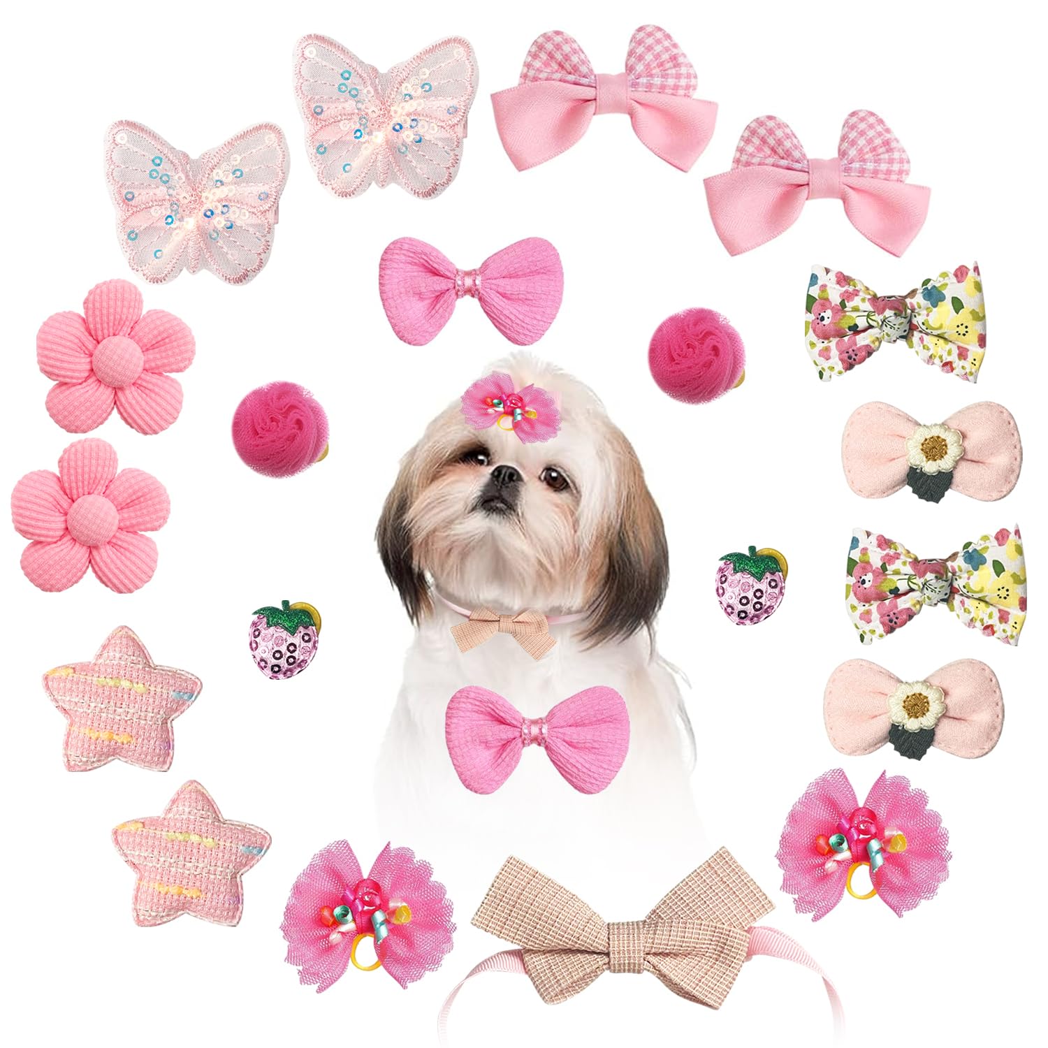 20pcs Pink Dog Hair Bows, Elastic Rubber Bands, Dog Hair Clips