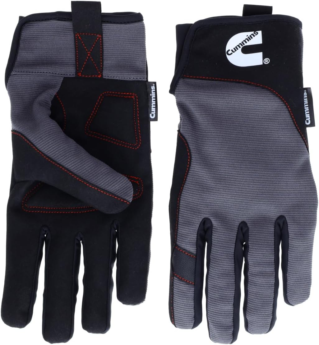 Cummins Mechanic Glove - Gray and Black Synthetic Leather Anti-Vibration Anti-Abrasion Work Gloves for Men All Season, Large