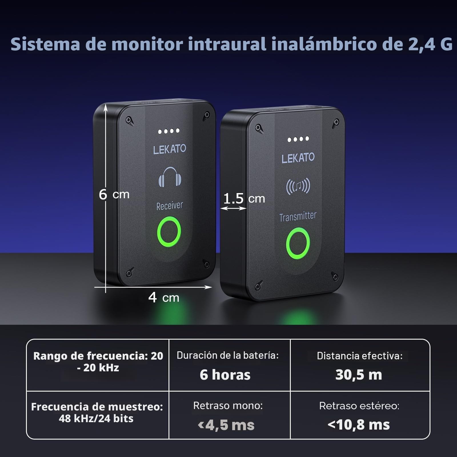 LEKATO MS-02 Monitores In-Ear Inalámbricos — 2,4G Sistemas In-Ear para Monitorización para Auriculares In-Ear, para Escenarios y Megafonía — IEM Consta de 1 Transmisor y 1 Receptor