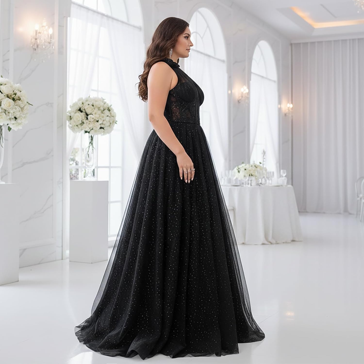 Plus Size Wedding Guest Dress with One-Shoulder & Sequined, High Slit & Sleeveless Style Formal Maxi Dress - Image 4