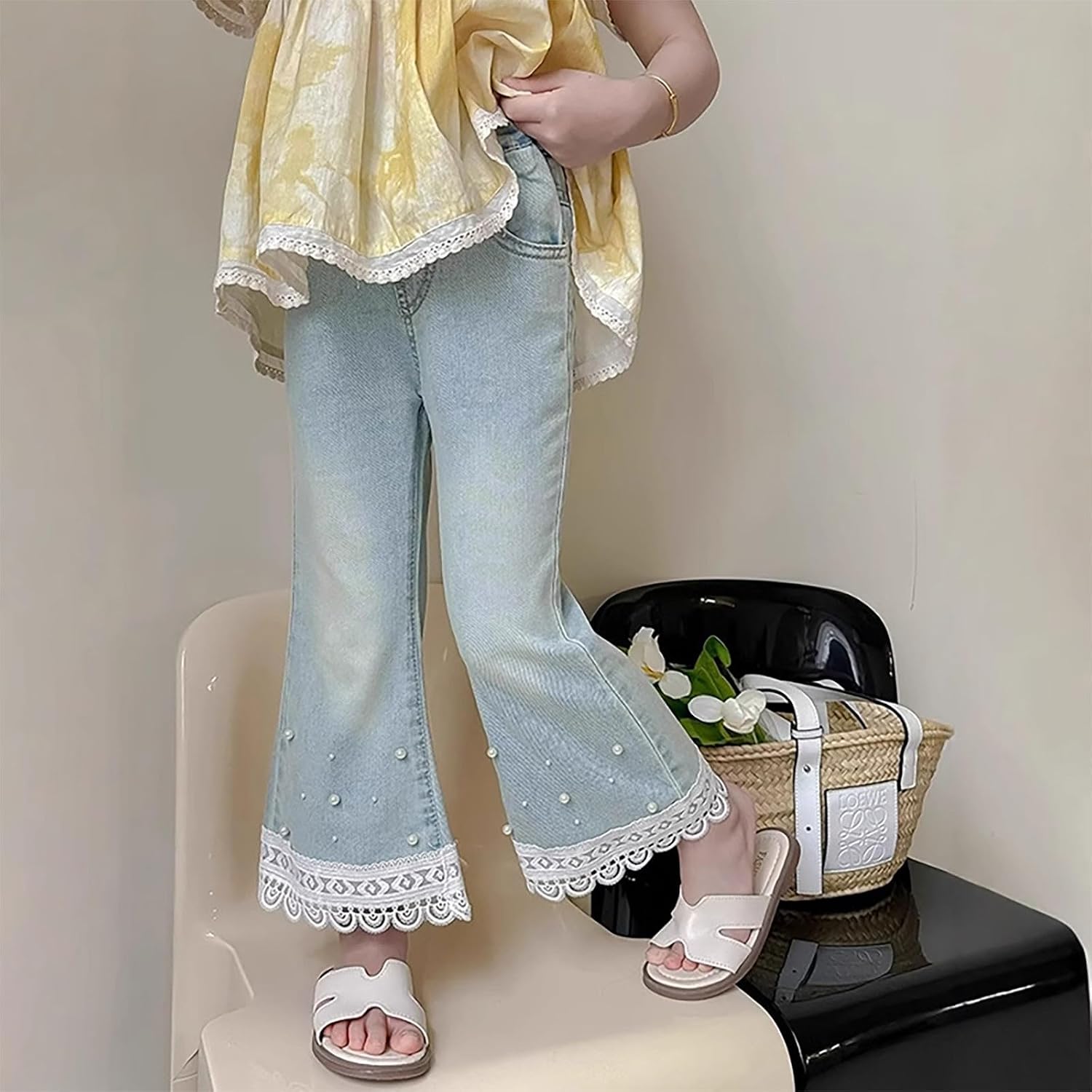 Girls' Jeans, Children's Spring and Autumn Loose Casual Cowboy Wide Leg Pants Blue