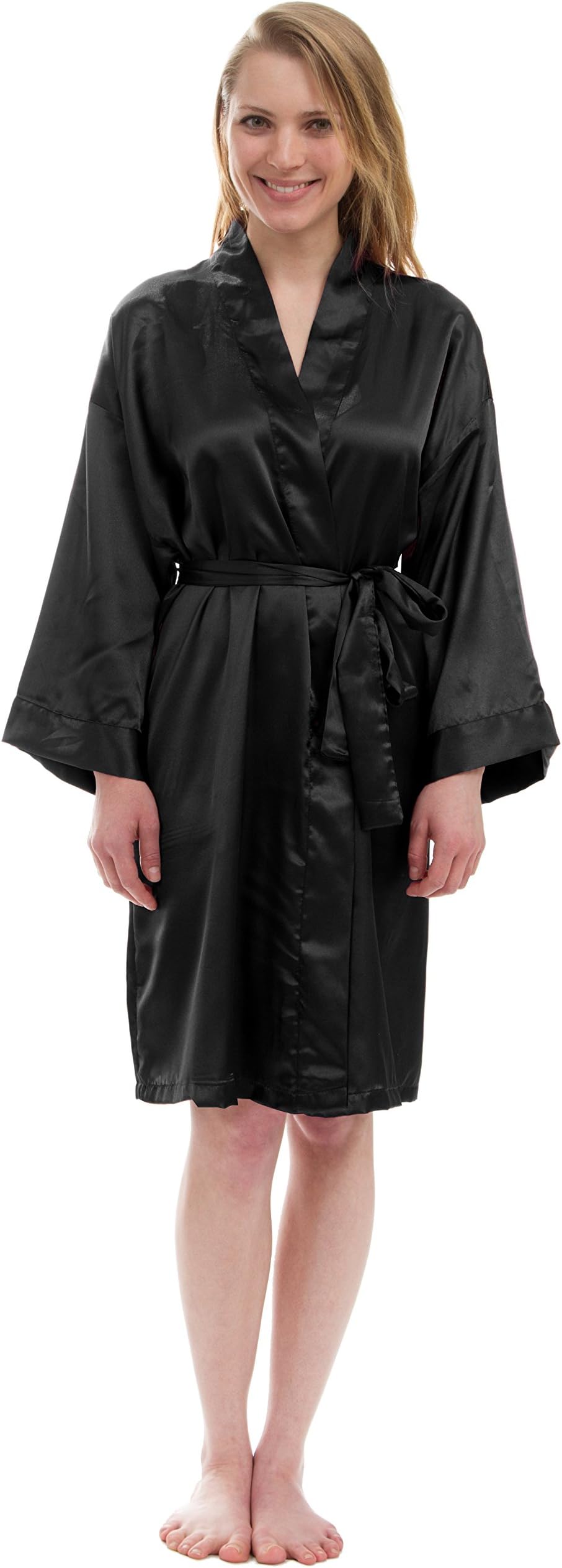 LeisurelandWomen's Satin Robe Bridesmaid Robe Kimono Dressing Gown (L/XL, Black)