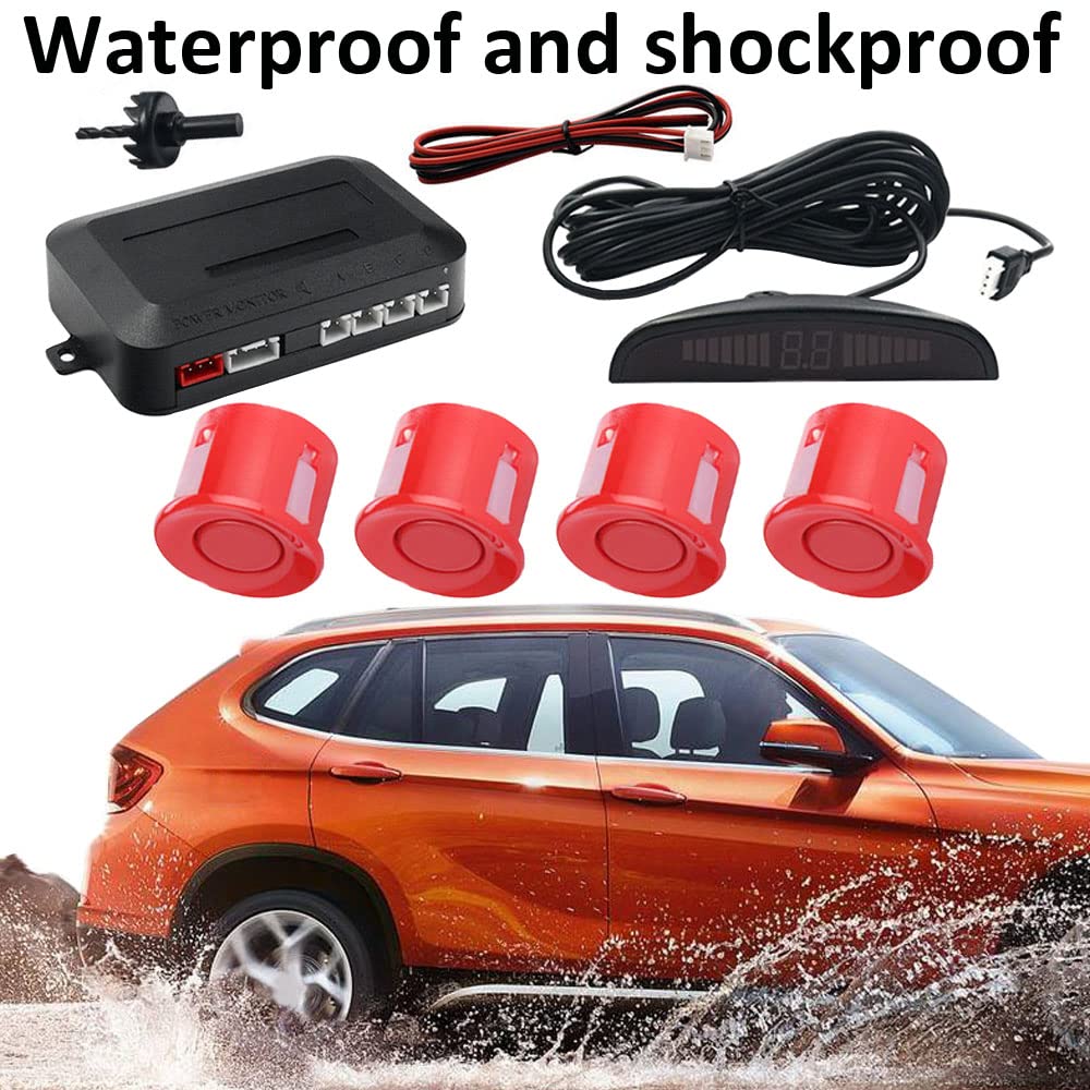 Auto Sensori di Parcheggio 4 Sensore Posteriore Parcheggio Kit Sistema Radar Parcheggio in Retromarcia Allarme Sonoro Distanza LED Display Radar Inverso Rosso