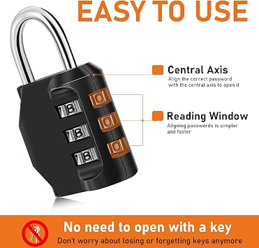NAGE Combination Lock, Coded Padlock with 3 Digit Lock (4p, Black)