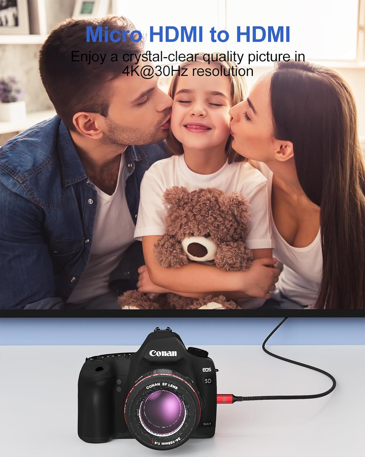 4K Micro HDMI to HDMI Cable 30FT, HDMI to Micro HDMI Cable HDR High Speed Nylon Braided Cord (4K@30Hz, 2K, 1080P, 3D, ARC) for Camera, DSLR, Raspberry Pi 5/4, Laptop, Monitor