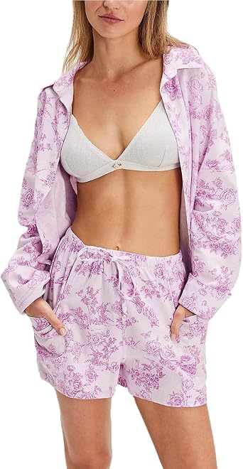 Women Satin Pajama Set 2 Piece Floral Silk Pajamas Button Down Shirts High Waist Shorts Sets Pjs Loungewear