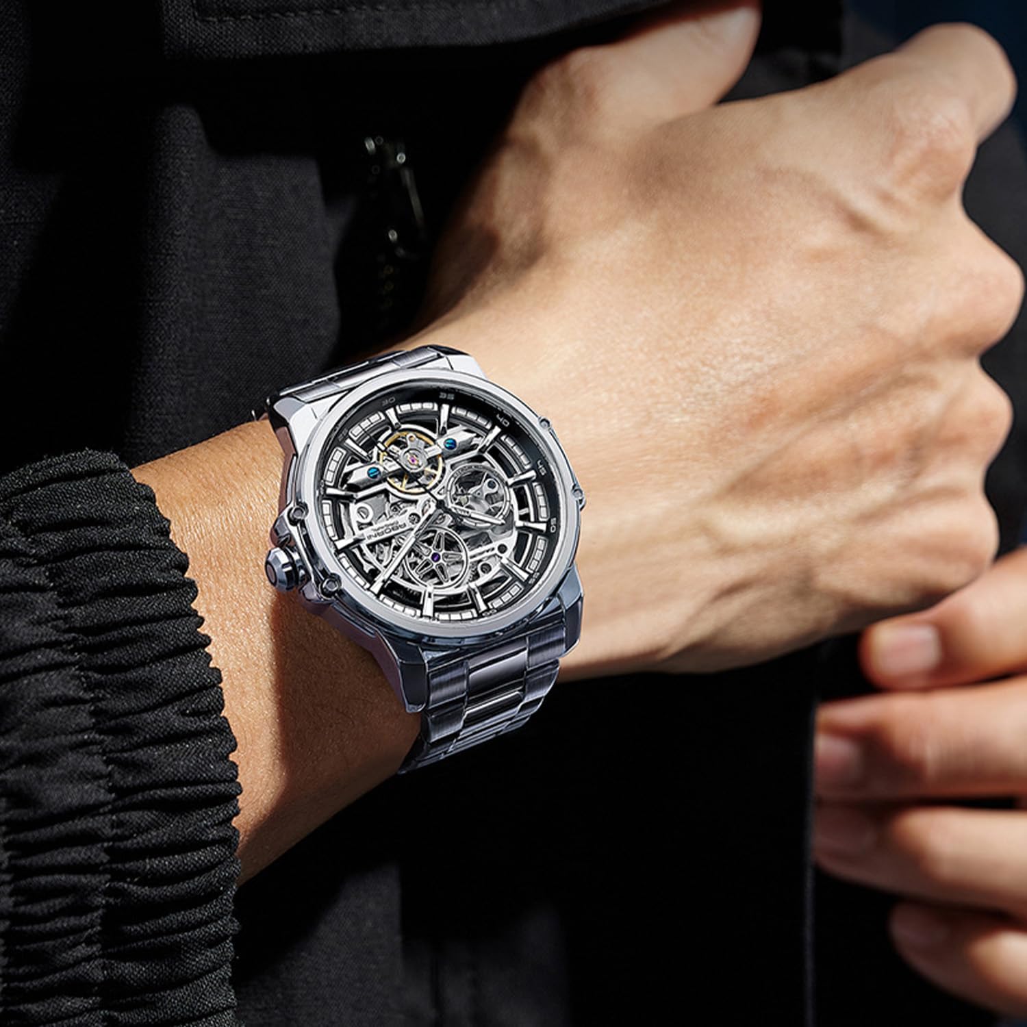 FORSINING Herren Luxus Automatik Skelett Mechanische Uhr Industriestil Selbstaufzug Hohl Uhren mit Tourbillon & Leuchtfunktion Edelstahlband Herren Armbanduhr