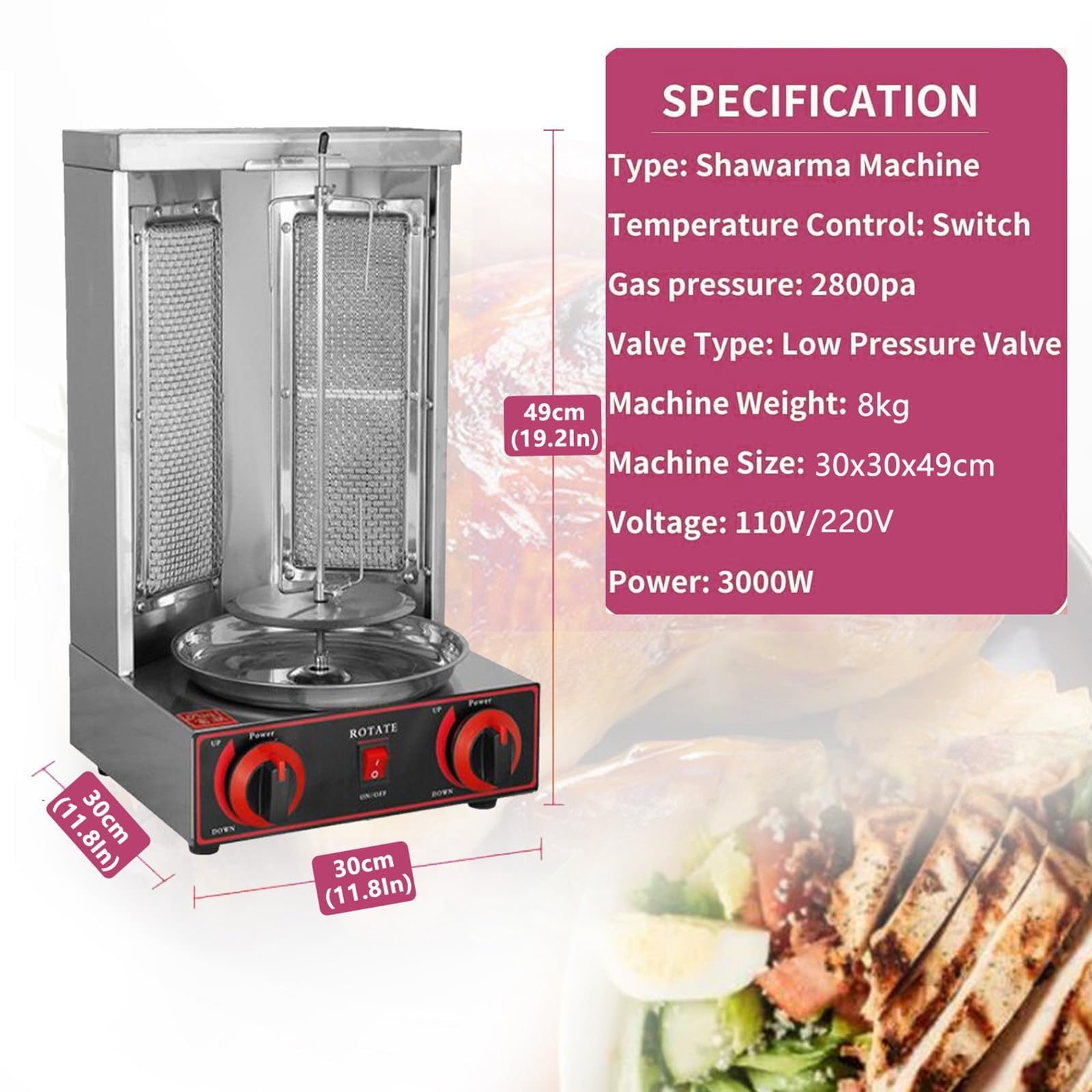 Acier Inoxydable Vertical Machine, À Gaz Gril De Table Avec 2 BrûLeurs,Grill Pour Kebab, Rotatif Interrupteur RéGlage 3000 W(Black)