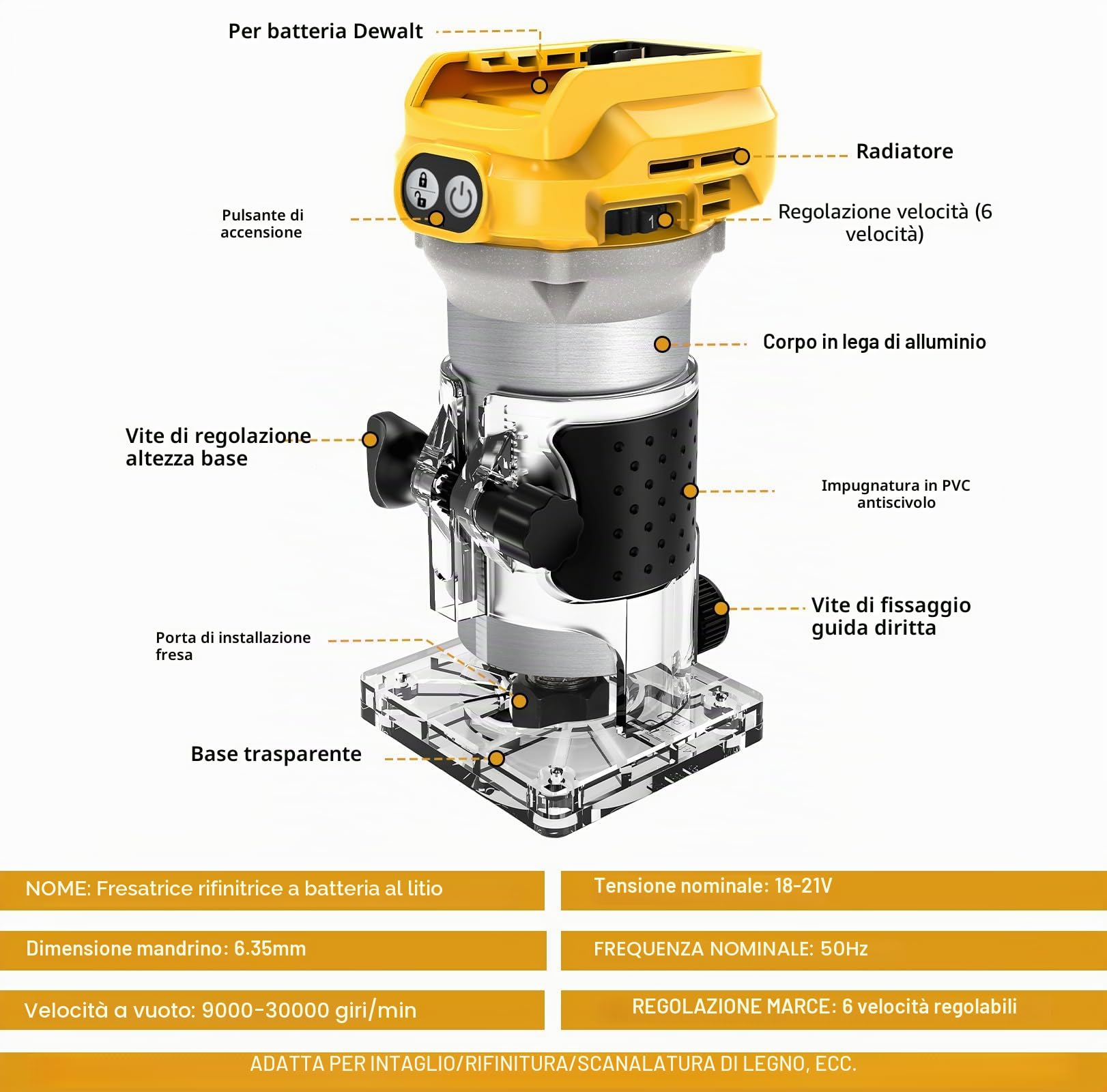 Fresatrice Verticale compatibile con Dewalt 20V batteria (Senza batterie), fresatura per legno senza spazzole 1300 W con 6 velocità, guida dritta, ruota guida, 15 punte e 2 chiavi | Trimmer per legno senza spazzole da 1300 W, con guida dritta, ruota guida