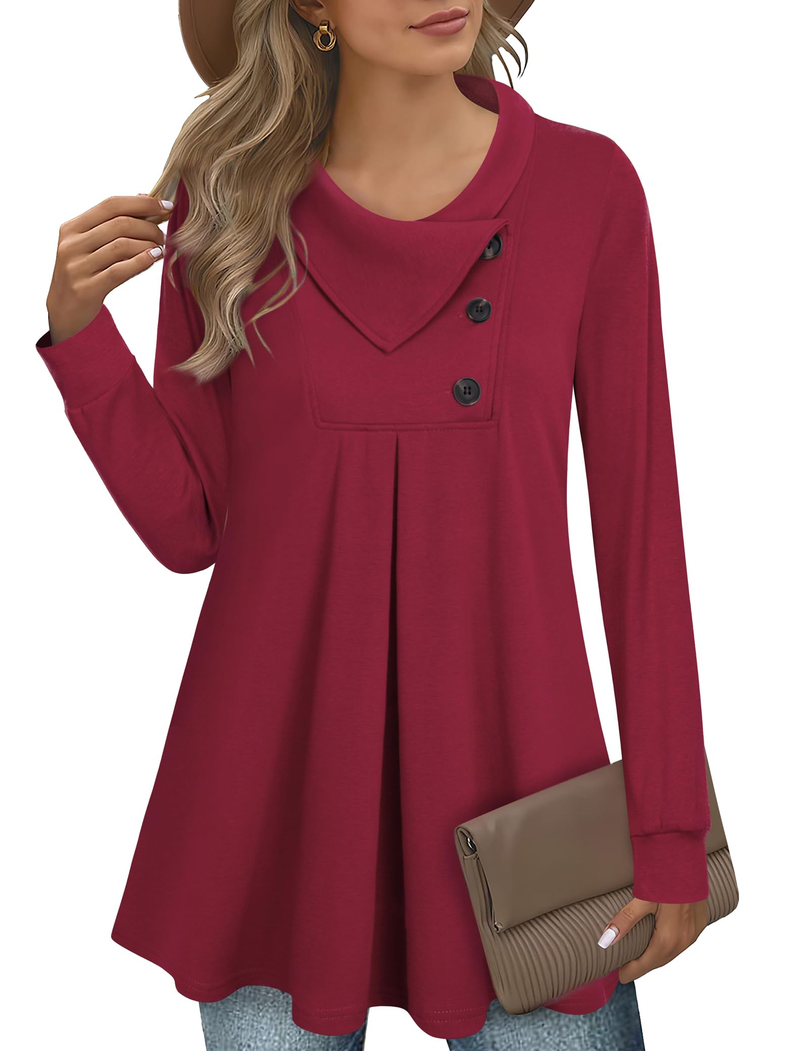 VafolyWomen's Long Sleeve Button Lapel Pullover Tunic Top Causal Swing Sweatshirt