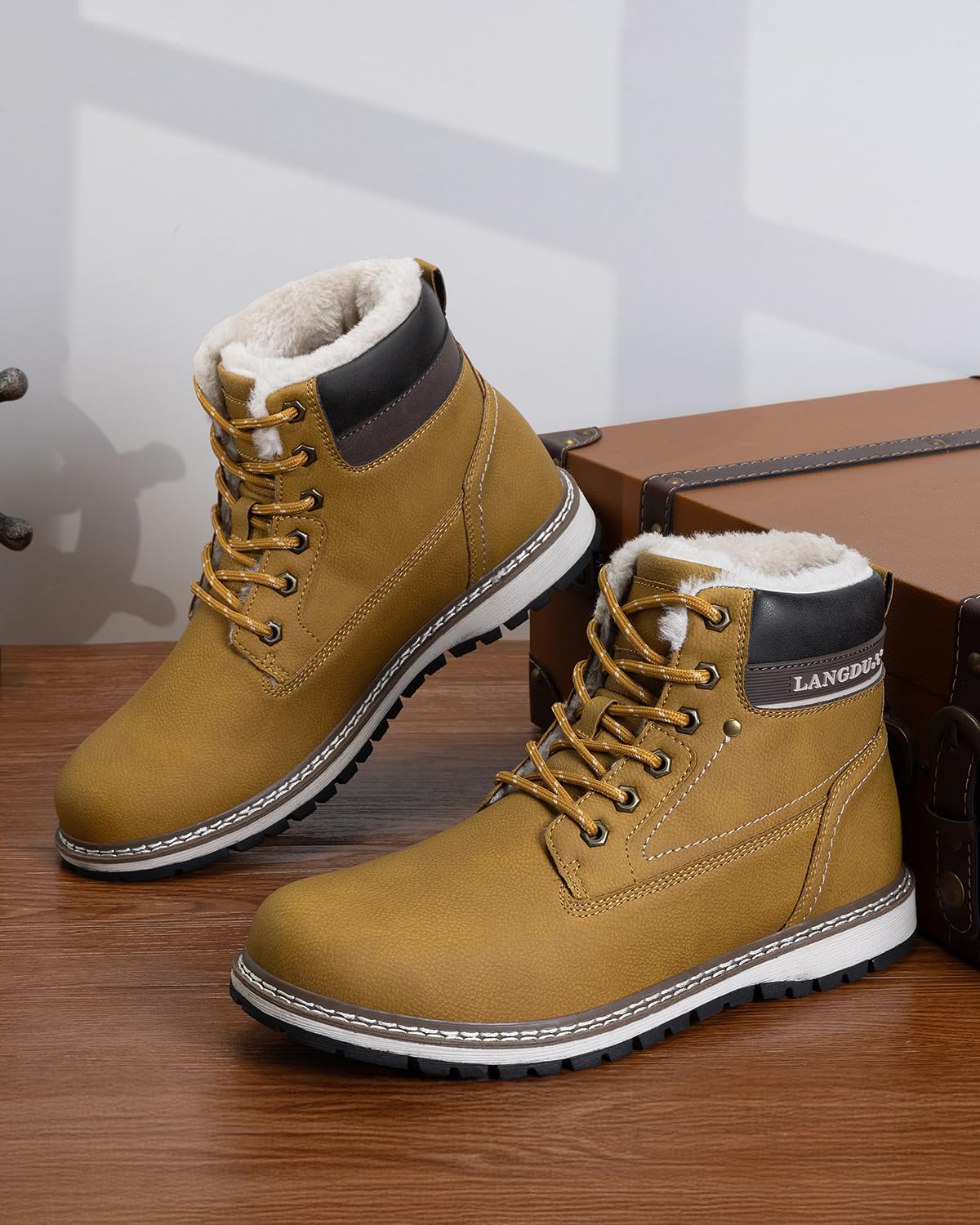 LANGDU Bottes Homme Hiver Cuir Chaud Fourrure Boots Chaussures de Neige Bottines 41-46EU