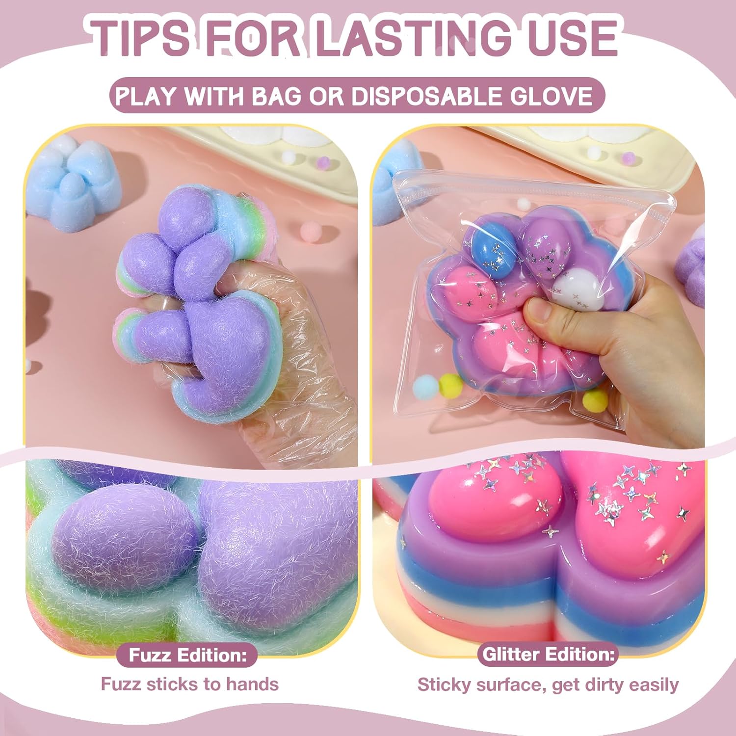 Taba Squishy Cat Paw, 2 Pack Big 5" Fufu Fidget Squeeze Toys, Cute Kawaii Sticky Squish, Stress Anxiety Relief Soft Sensory Toys for Adults Kids Teens, Fuzz Edition