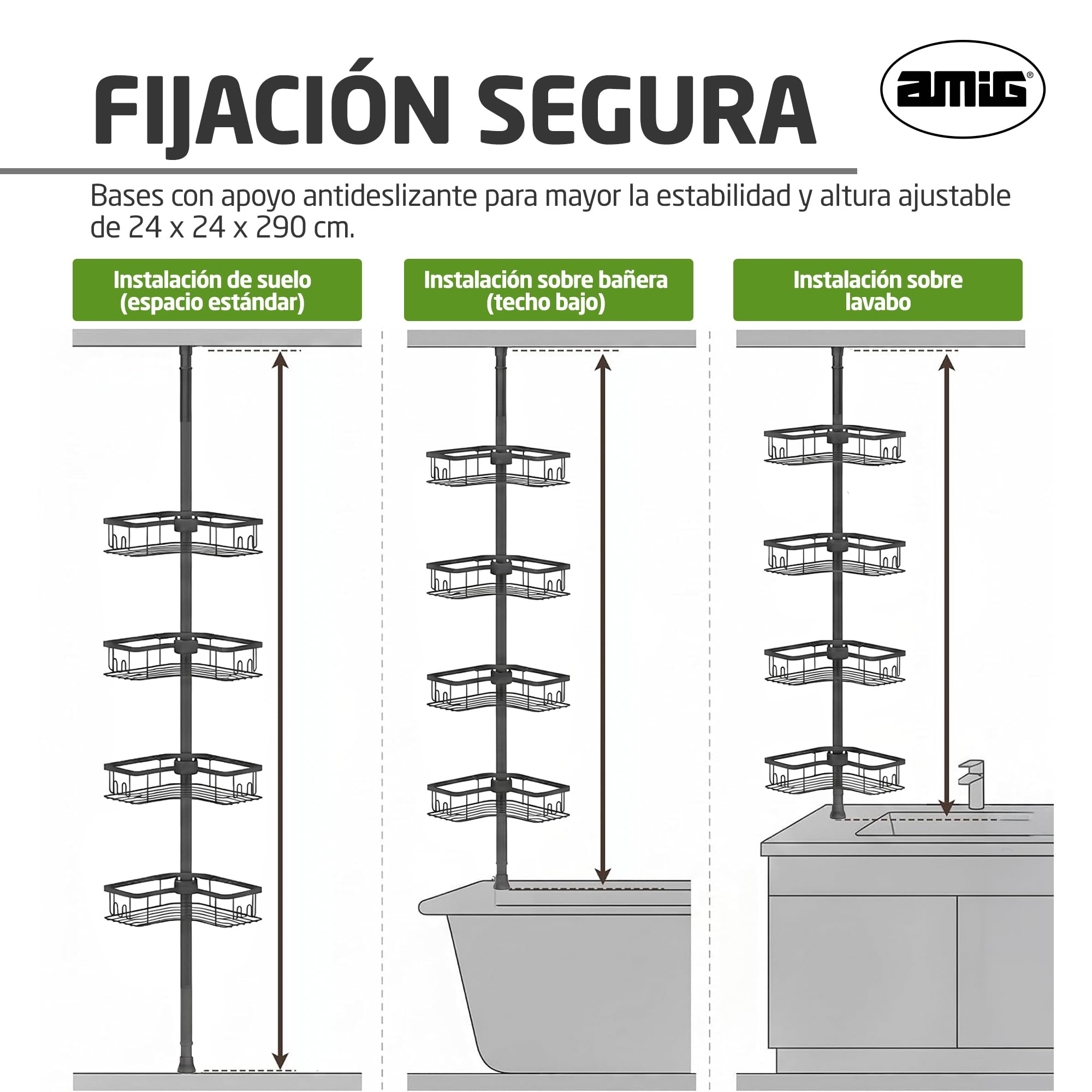 Amig - Estanteria Ducha Telescopica - Ajustable hasta 290cm - Color Negro