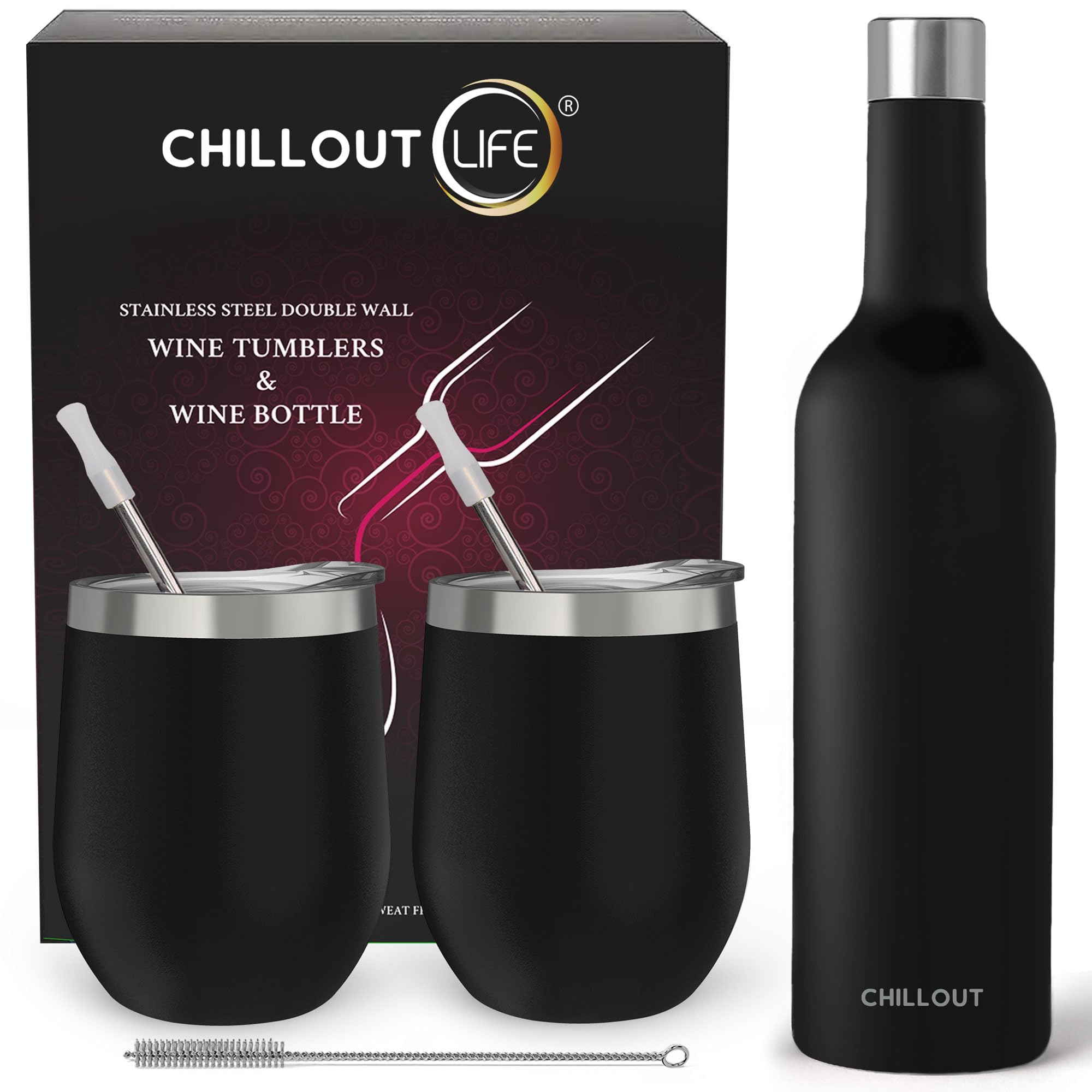 CHILLOUT LIFE Kubki do wina ze stali nierdzewnej, 2 opakowania 350 ml i 1 izolowana butelka na wino – podwójne ścianki izolowane próżniowo kubki do wina z pokrywkami i słomkami – czarne