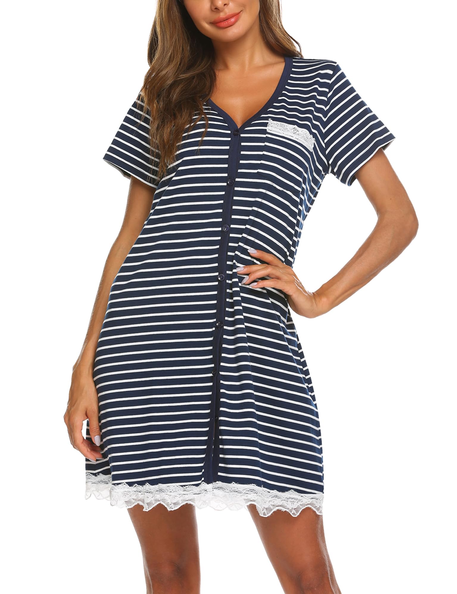 Ekouaer Camicia da Notte Allattamento Donna Maniche Corte Pigiama Sexy Premaman Nightdress Bottoni Pizzo, S-XXL