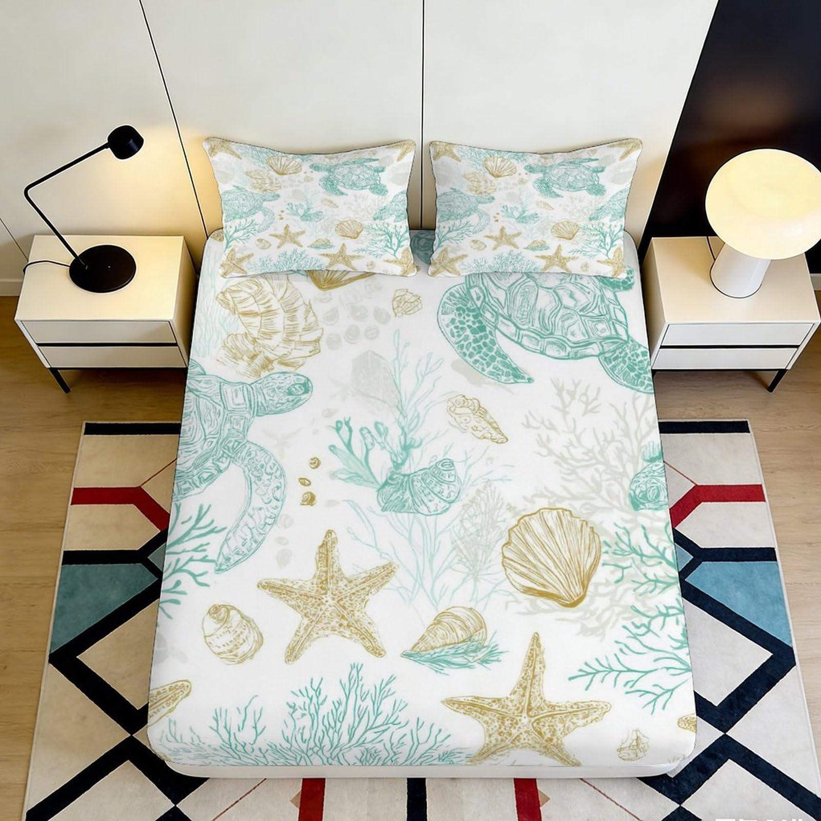 3D Printed Ocean Starfish Fitted Sheet Microfiber Soft Seashell Mattress Cover for Bedroom Dorm Decor 90x200x25cm