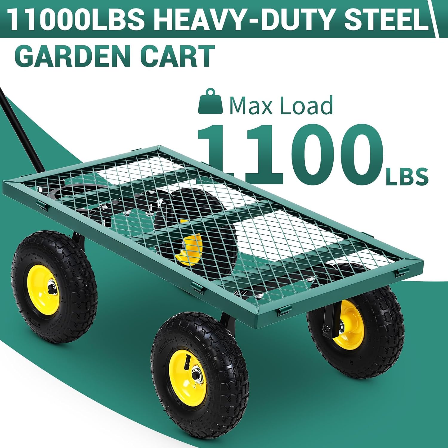 Steel Garden Cart 1100 LBS with 10" Tires, Heavy Duty Garden Wagon Cart with 180° Rotating Handle and Removable Sides, Metal Wagon for Farm, Yard, Lawn, Green