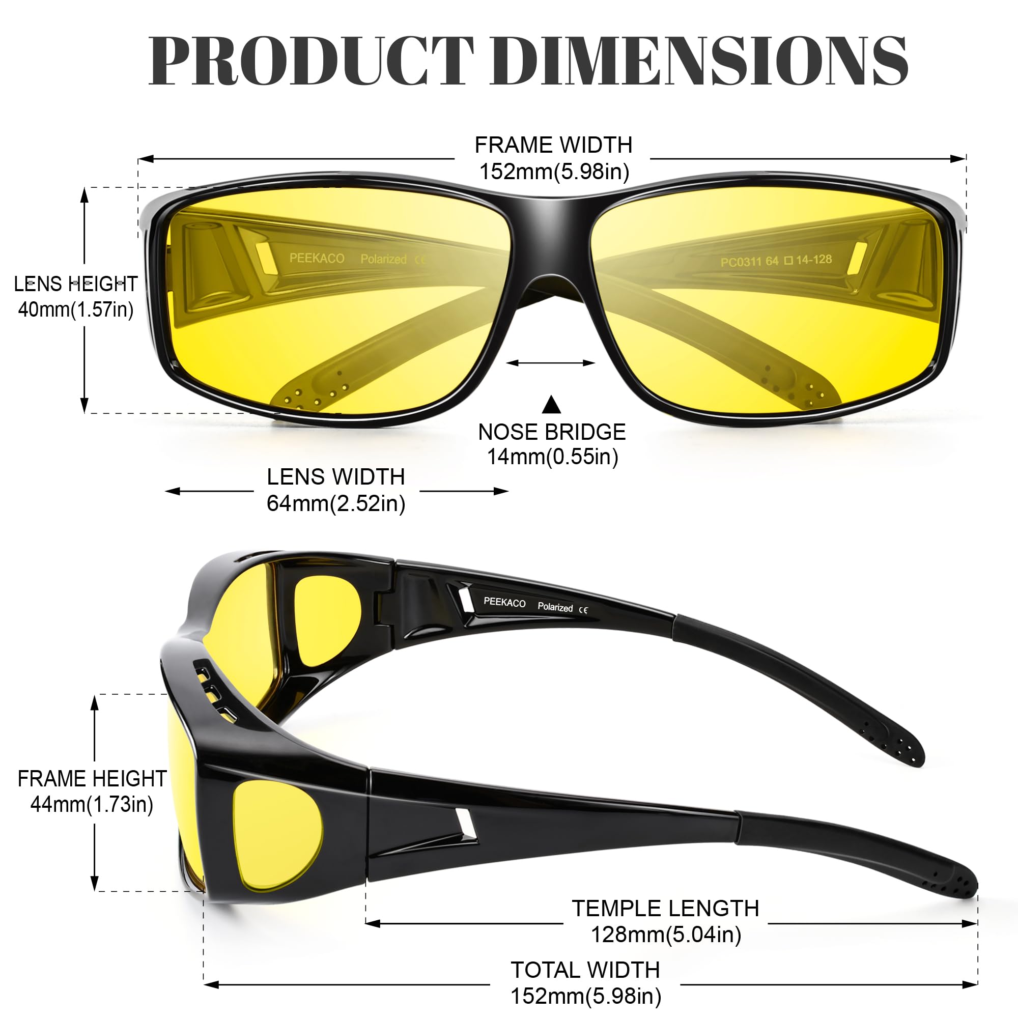 Nachtfahrbrille passt über verschreibungspflichtige Brillen, blendfrei, polarisiert, Wickel-Nachtsichtbrille für Männer und Frauen, A01 glänzender schwarzer Rahmen // Nachtsichtlinse, A03 Glossy Black