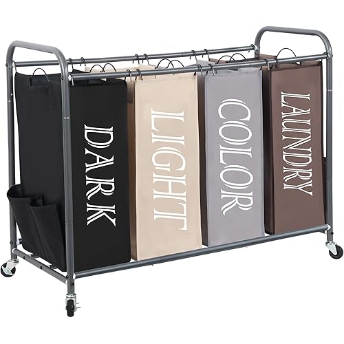 STORAGE MANIAC Laundry Sorter 4 Section, 47.8 Gal (181 L) Laundry Hamper with Wheels, Clothes Divider Basket Sorter, Clothes Separator Hamper Cart with Wheels and Removable Bags, Multicolored
