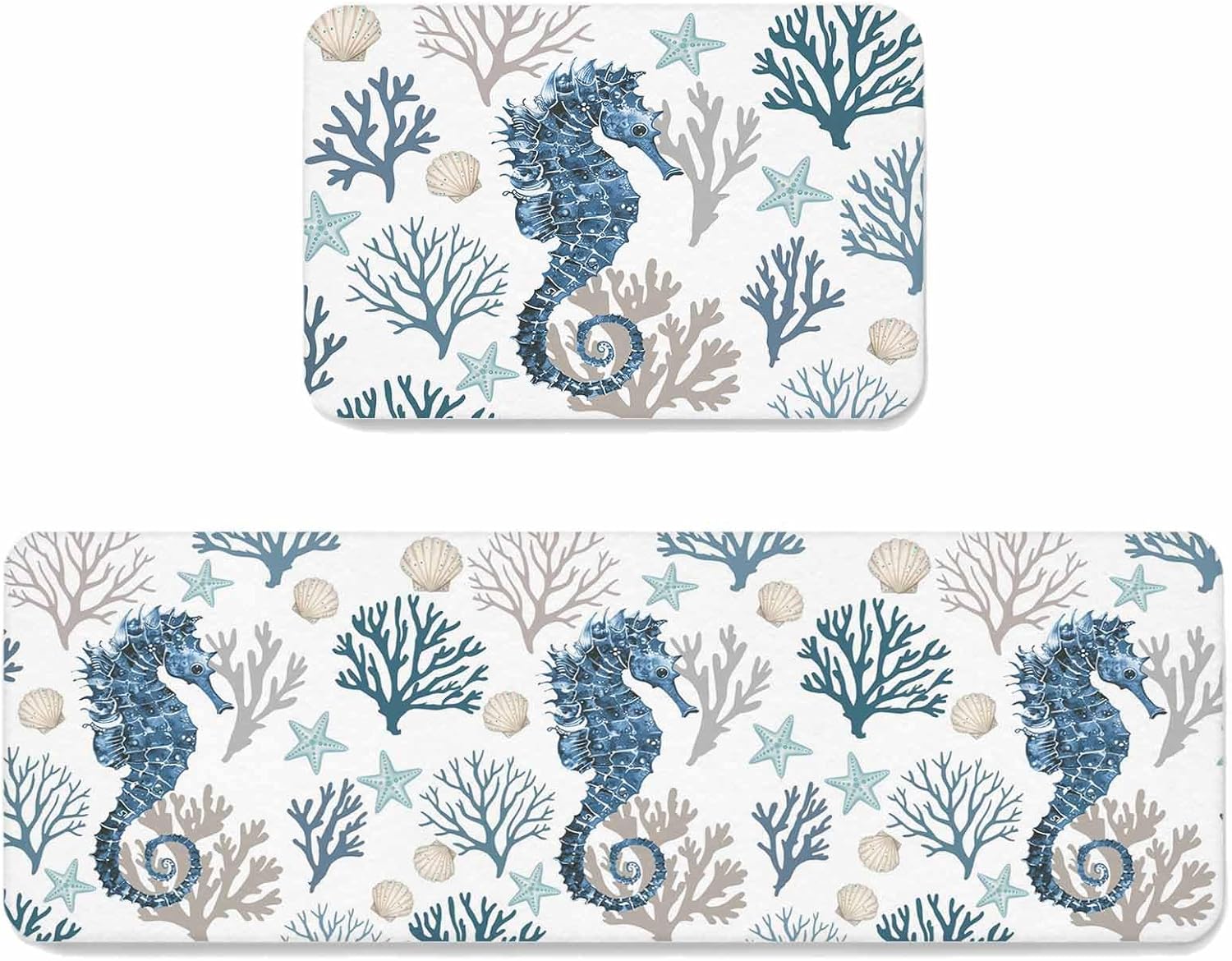 Prime Leader Coastal Seahorse Kitchen Mat Set 2 Pieces Blue Gray Shell Coral Ocean Summer Non Slip Kitchen Rugs Washable Runner Rug Mats for Floor Sink Laundry Office 15.7" x 23.6"+15.7" x 47.2"