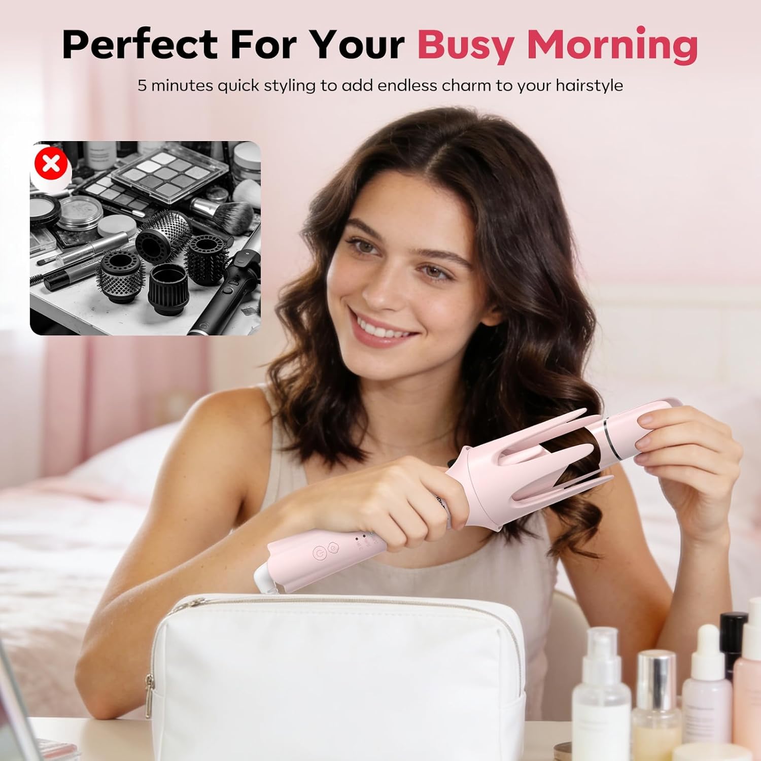 7 in 1 Automatic Curling Iron Interchangeable Barrels -0.5",1", 1.25", 1.5" Curling Wand, Hair Crimper & Straightening Brush,& Rotating Curler, 300M Negative Ions & Dual Voltage, Home & Travel - Image 2