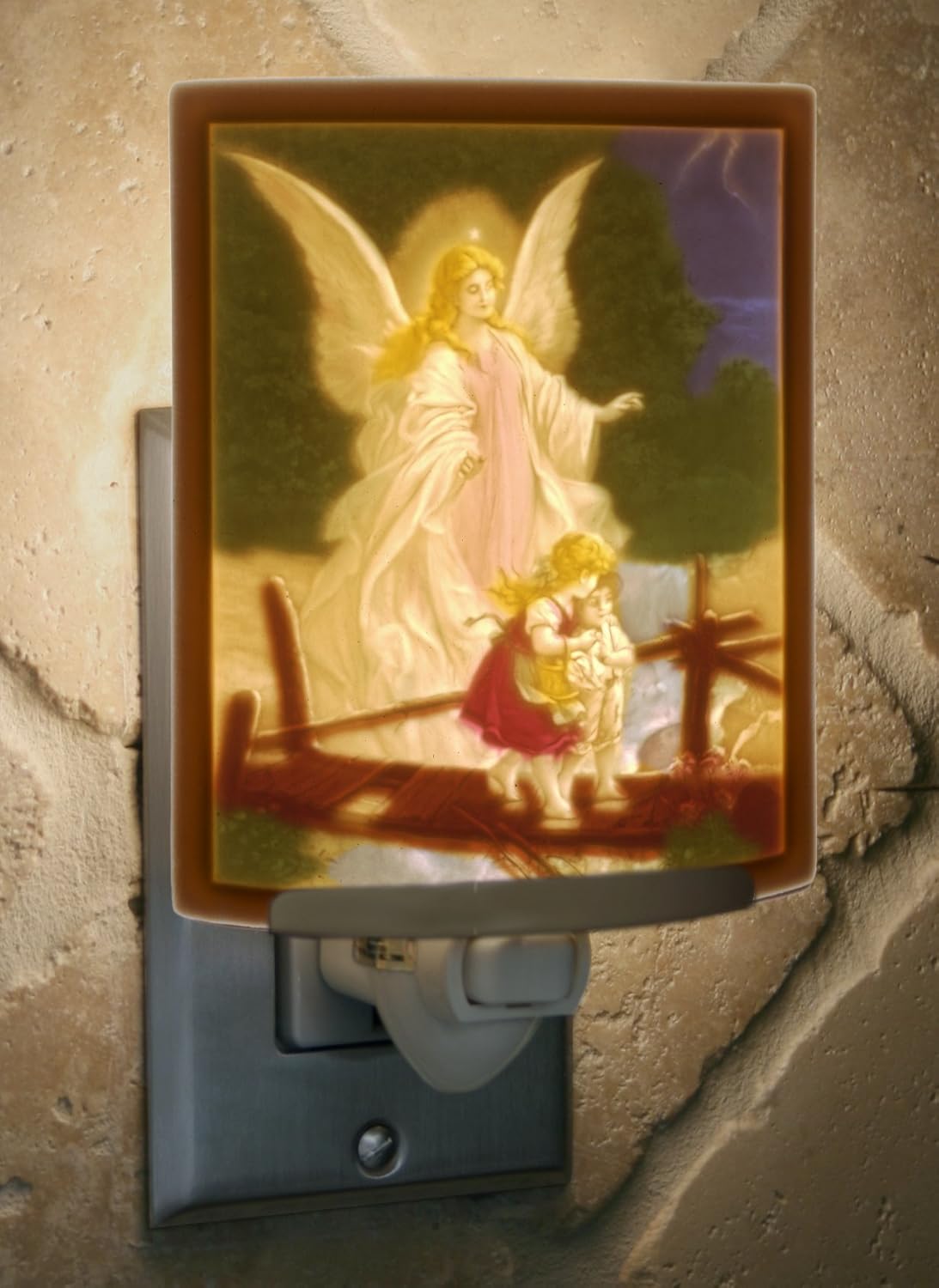 Guardian Angel Night Light, Angel at The Bridge Colored Porcelain Lithophane, Decorative Wall Plug in fo Nursery, Bedroom Kitchen, Bath, Hallway; Religious Accent Light