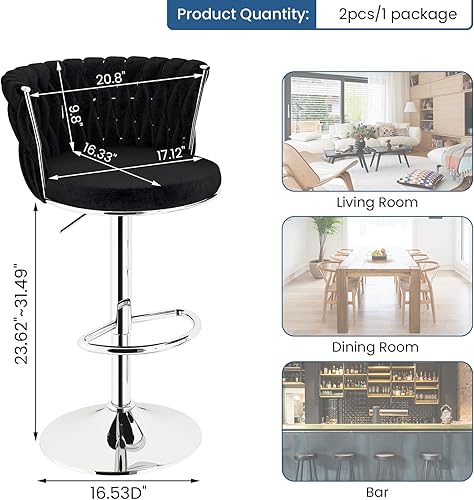 Miniatura 3 de Lamerge Juego de 2 taburetes de bar de terciopelo, taburetes giratorios para mostrador, taburetes de bar con respaldo y reposapiés, sillas de bar de