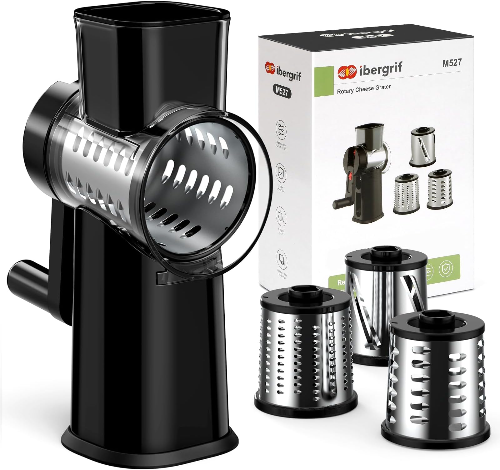 Ibergrif Rotary Cheese Grater with Suction Base – Manual Vegetable Slicer Mandoline, 3 Blades for Slicing, Shredding and Grating, BPA Free, Black